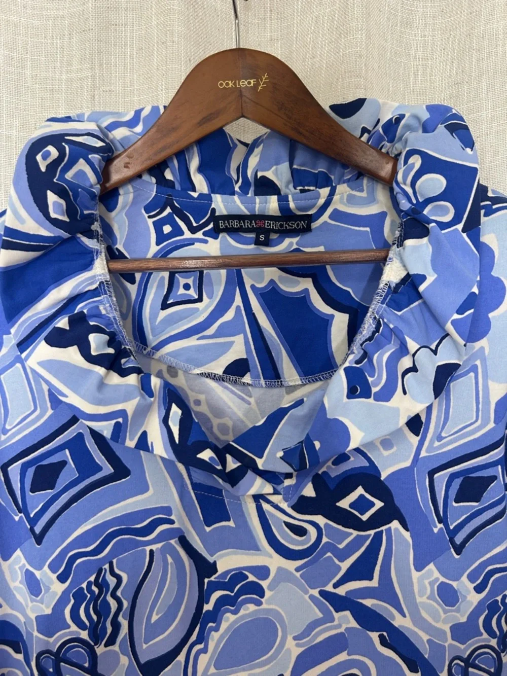Barbara Erickson Blue Patterned Tunic Ruffle Neck Dress Size Small - Picture 4 of 11